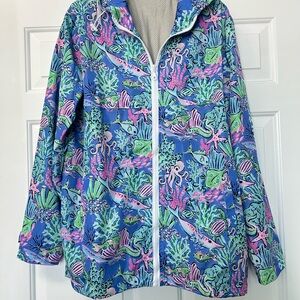 Vibrant Ocean Life Print Windbreaker Southern Coastal Magic Full Zip Jacket L/XL